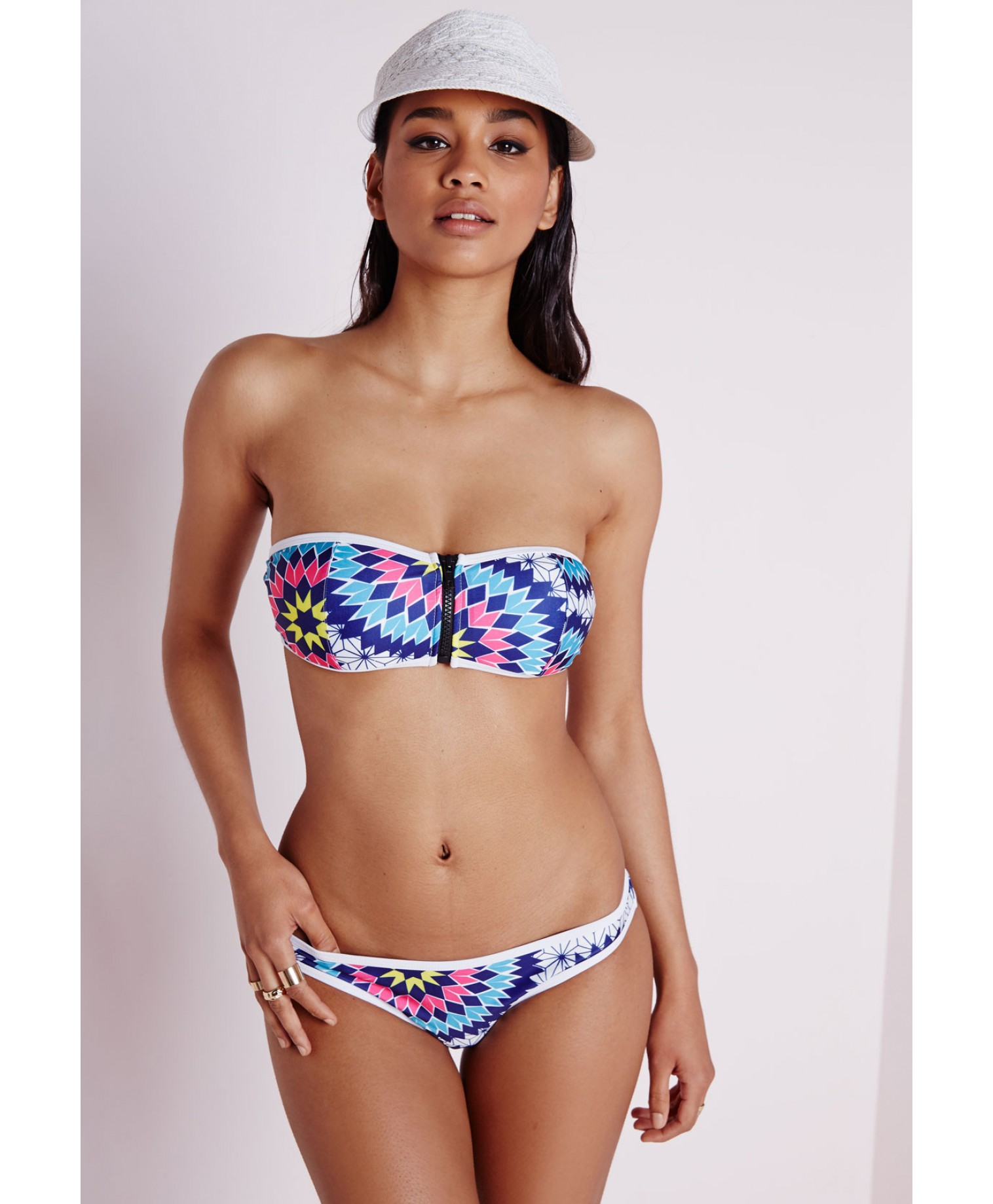 Lyst Missguided Geo Print Zip Front Bandeau Bikini Top