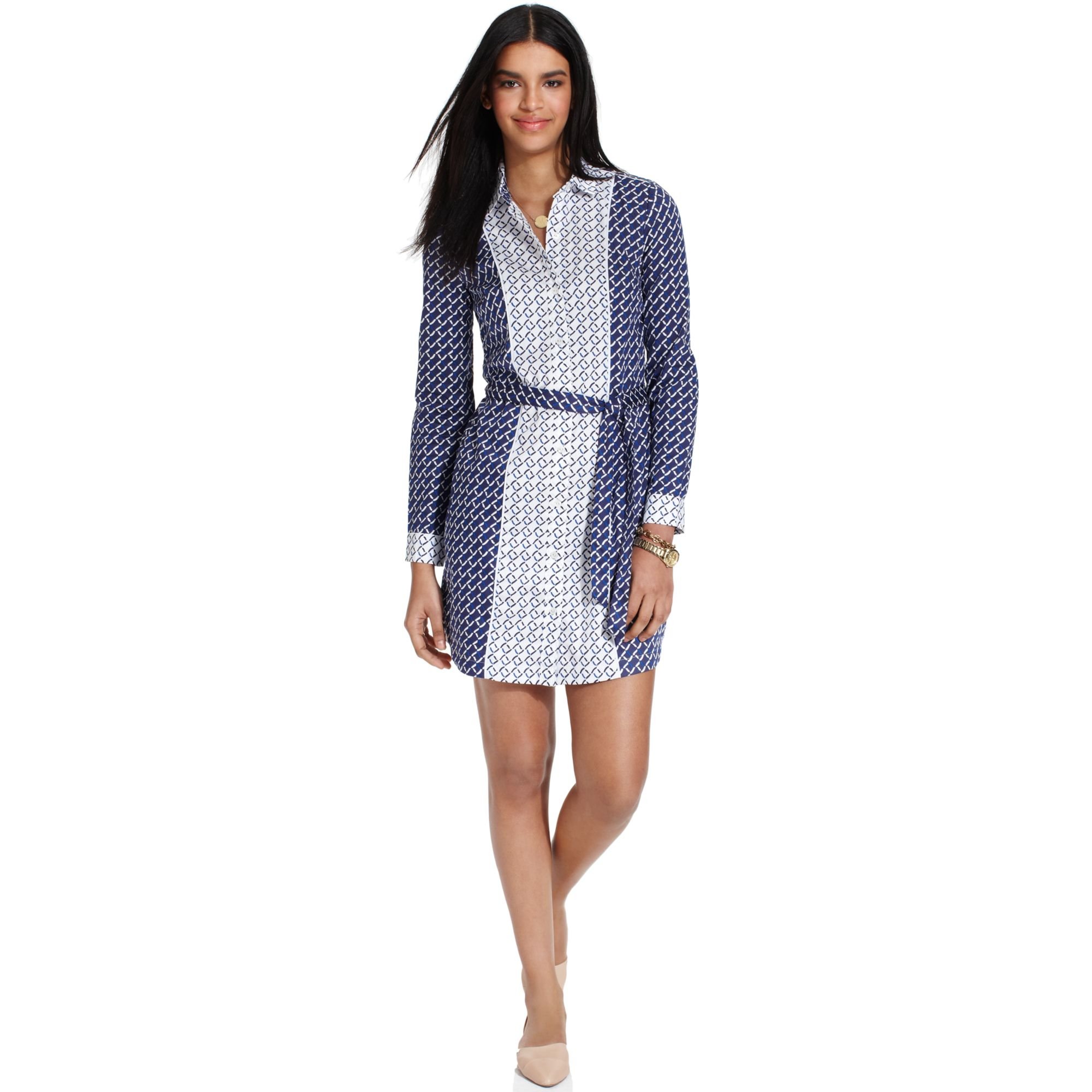 Tommy Hilfiger Long Sleeve Printed Color Blocked Shirt-dress in Blue (Astral Aural) | Lyst