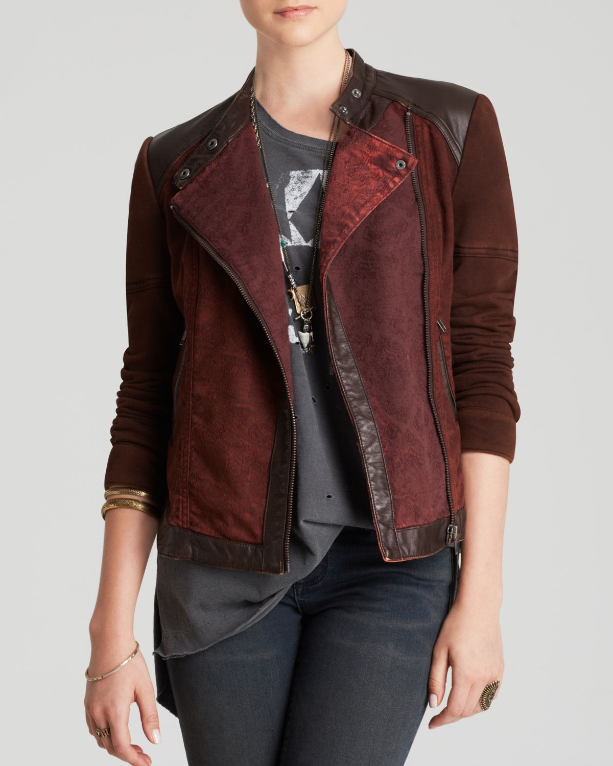 Free People Jacket Pieced Faux Leather Moto in Red (Deep