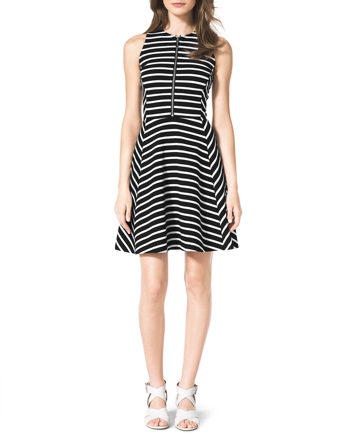 Michael Michael Kors Striped Frontzip Ponte Dress In White Summer Blue Lyst 