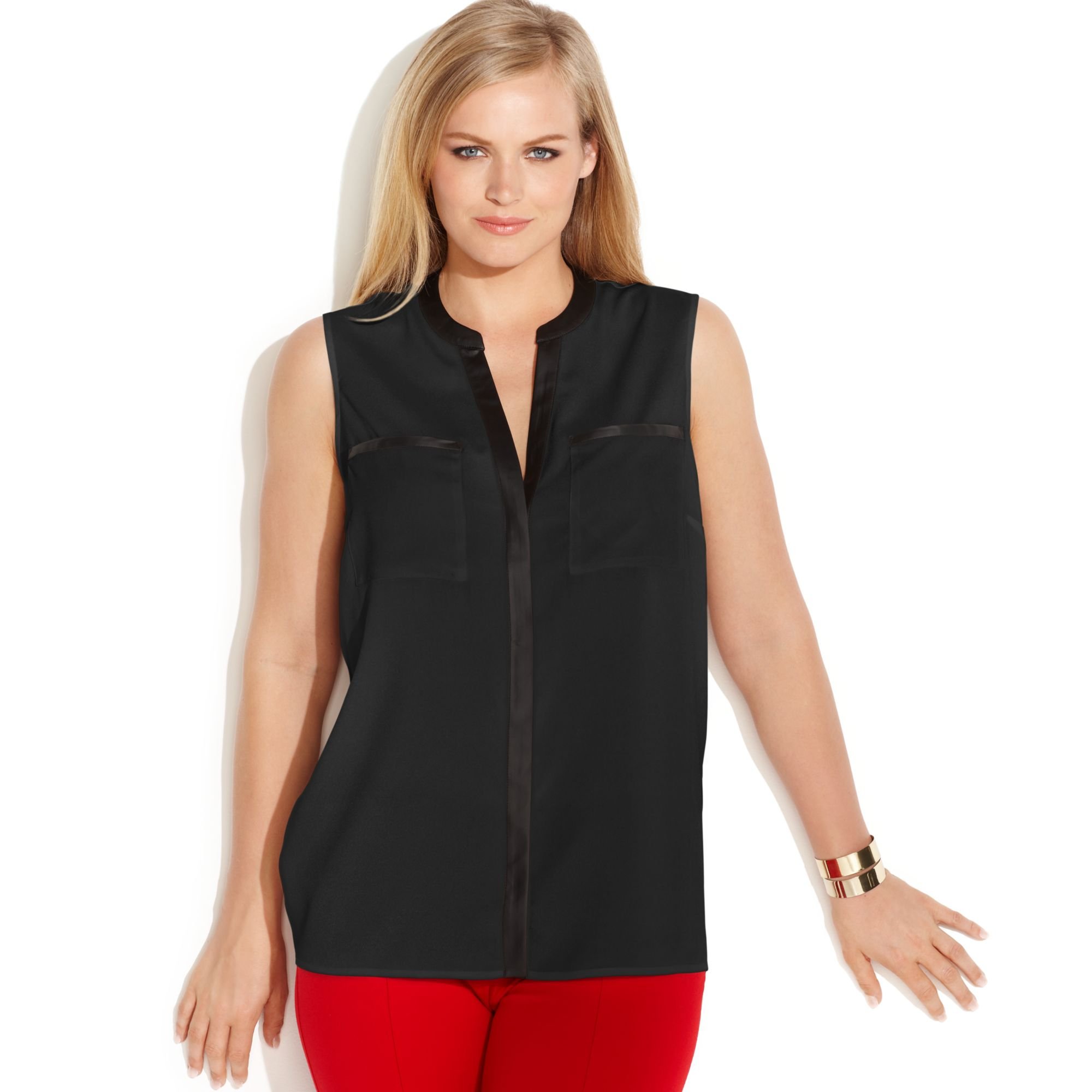 Calvin Klein Plus Size Sleeveless Contrasttrim Blouse In Black Lyst 5034