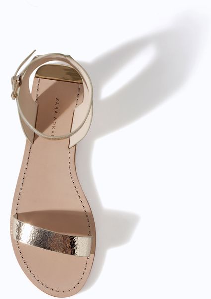 Zara Metallic Leather Sandal with Ankle Strap in Gold | Lyst