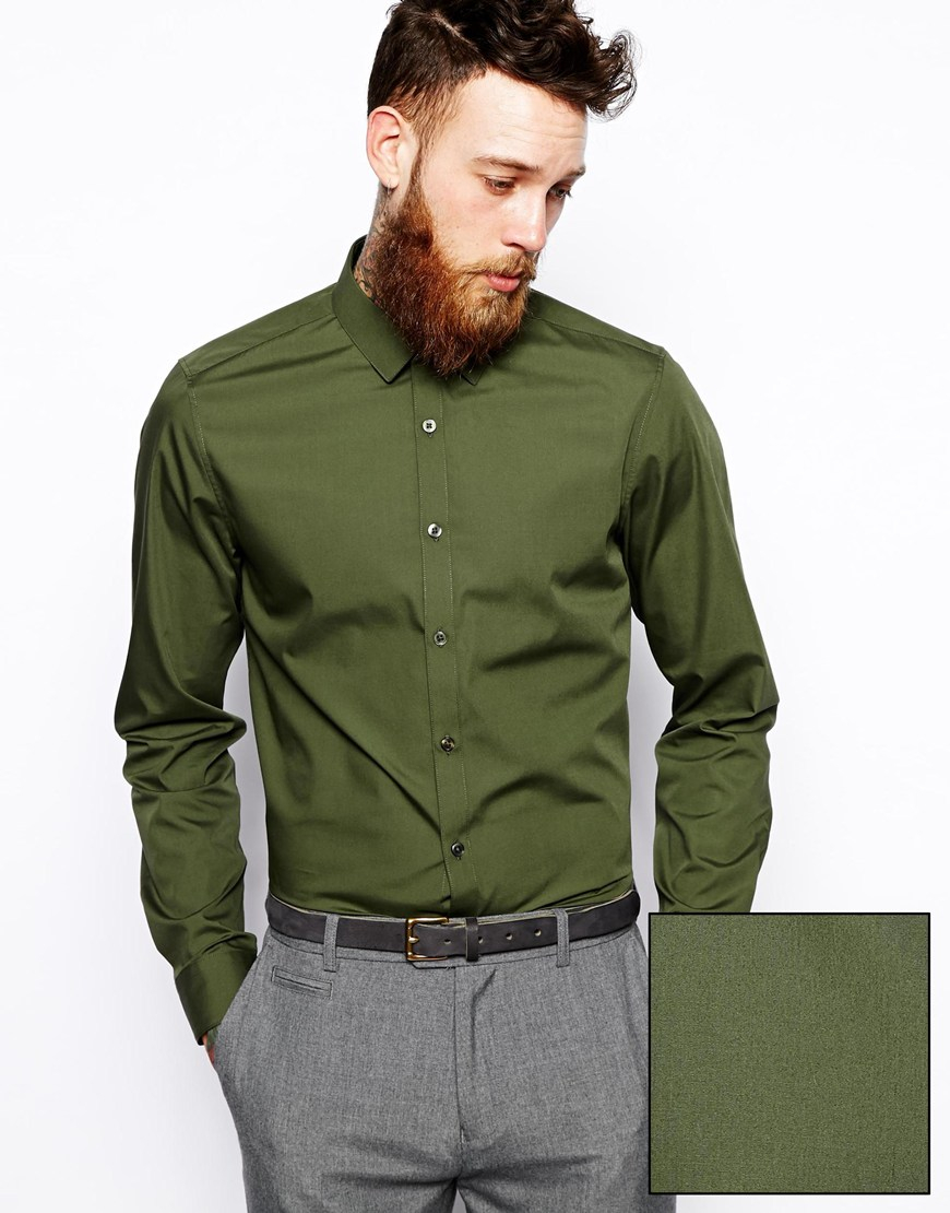 Asos Smart Shirt In Long Sleeve In Green For Men Forestgreen Lyst