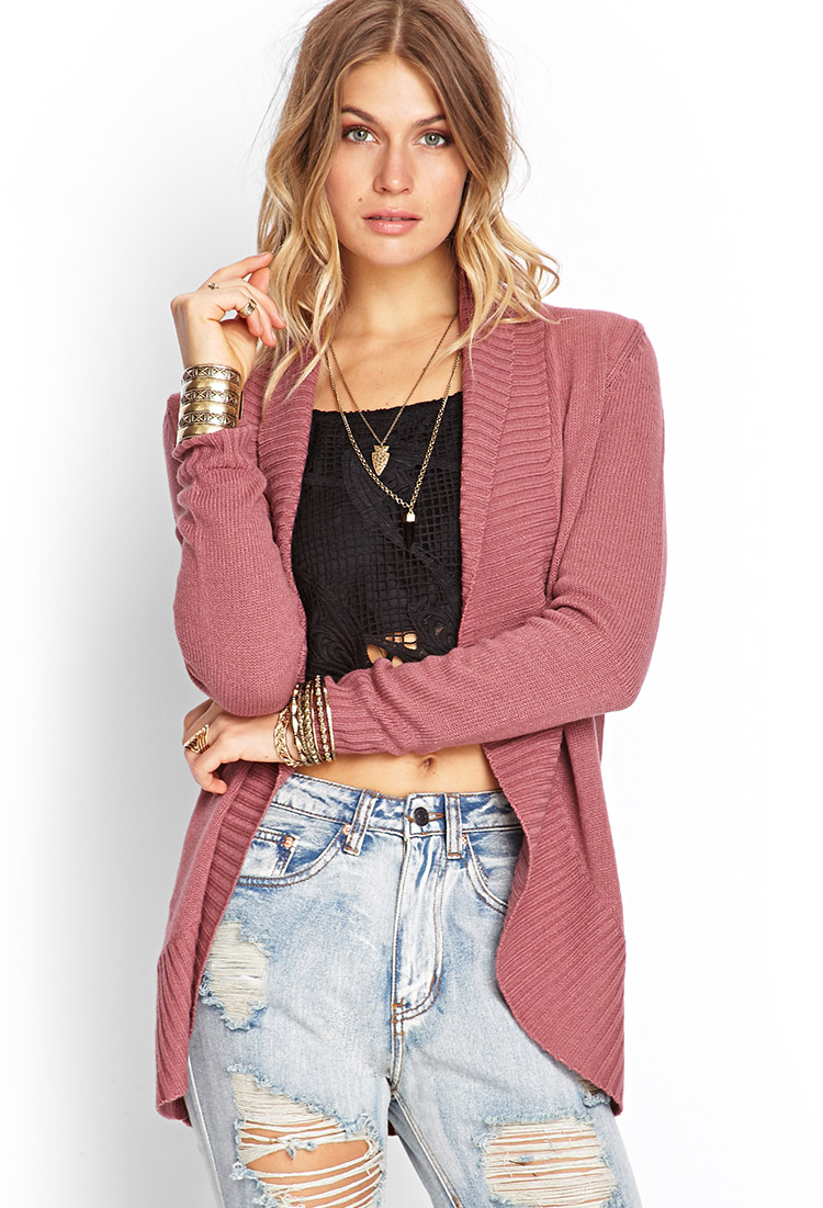 Forever 21 Ribbed Open Cardigan in Purple (Mauve)