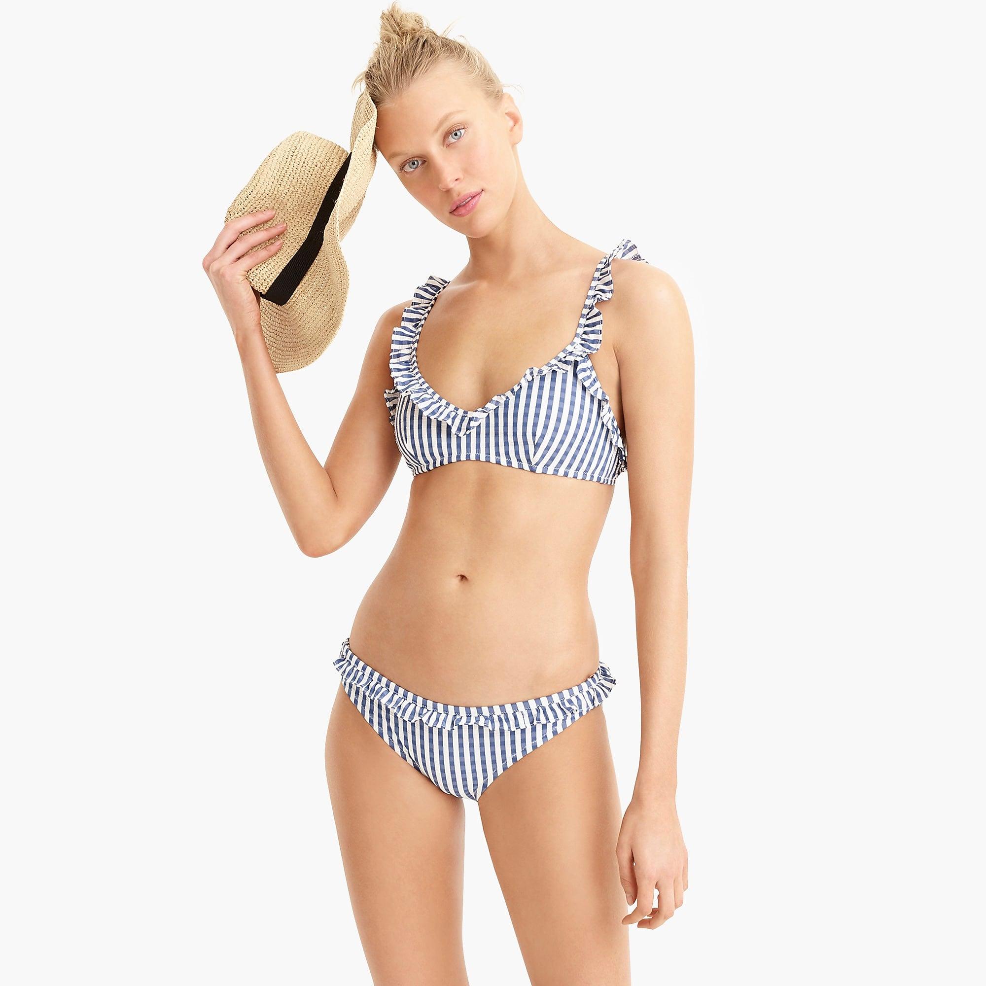 J Crew Cotton Ruffle French Bikini Top In Suckered Stripe In Blue Lyst