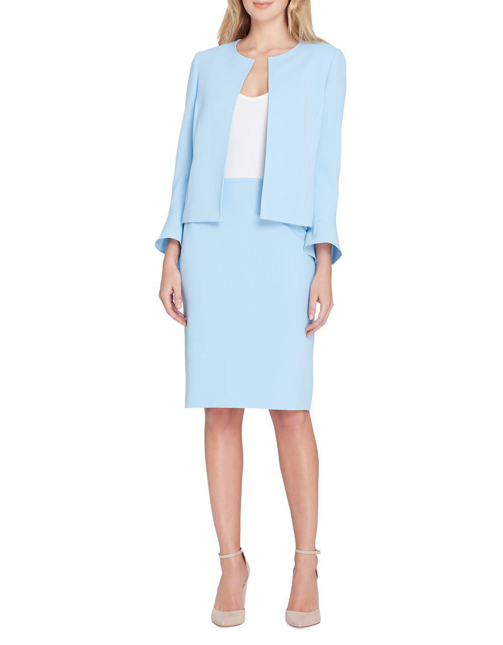 women"s blue flutter-sleeve jacket and skirt suit