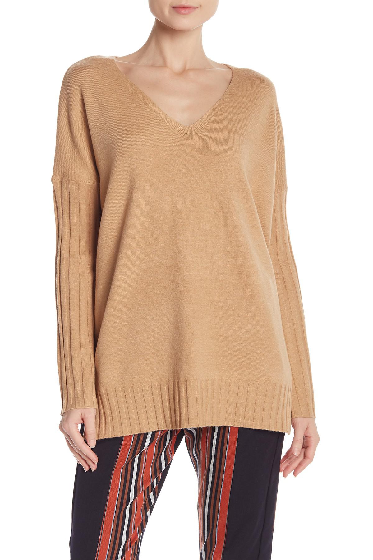 Lyst French Connection Ribbed Sleeve V Neck Sweater In Natural