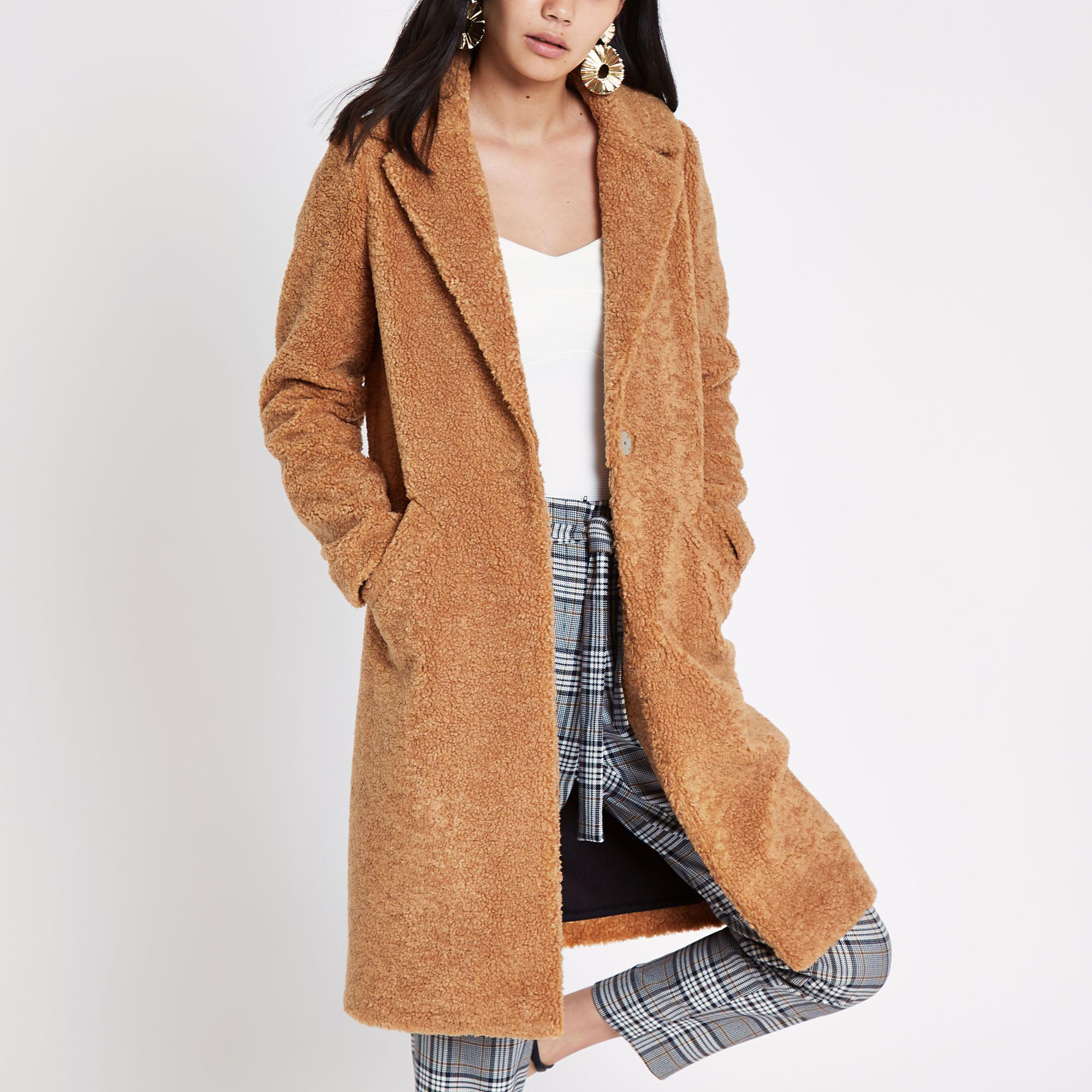 women"s light brown borg longline coat