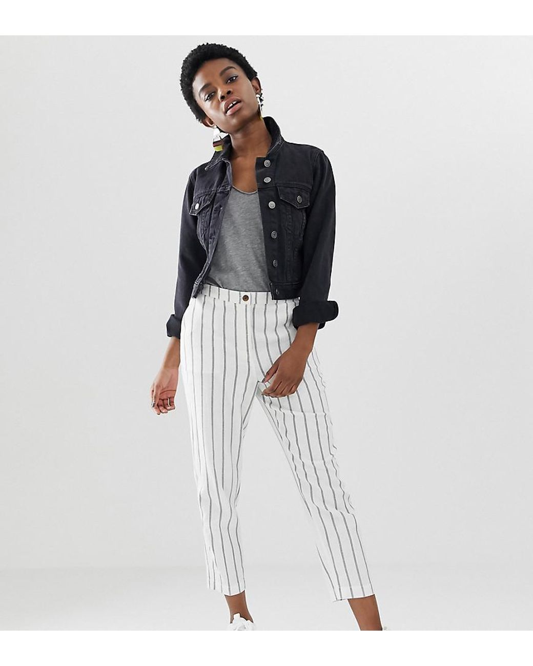 Lyst - ASOS Asos Design Petite Striped Linen Slim Cigarette Trousers