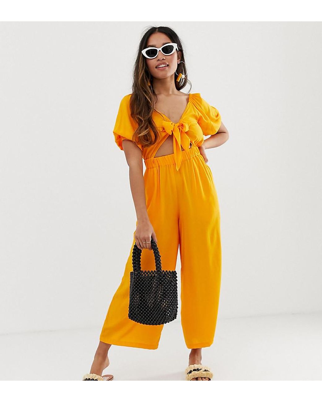 ASOS Asos Design Petite Tea Jumpsuit With Puff Sleeve And Tie Detail in