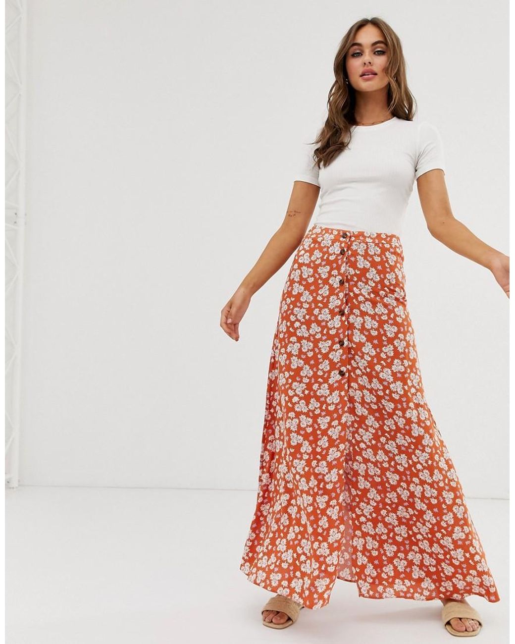 ASOS Button Front Maxi Skirt In Brown Floral Print - Lyst