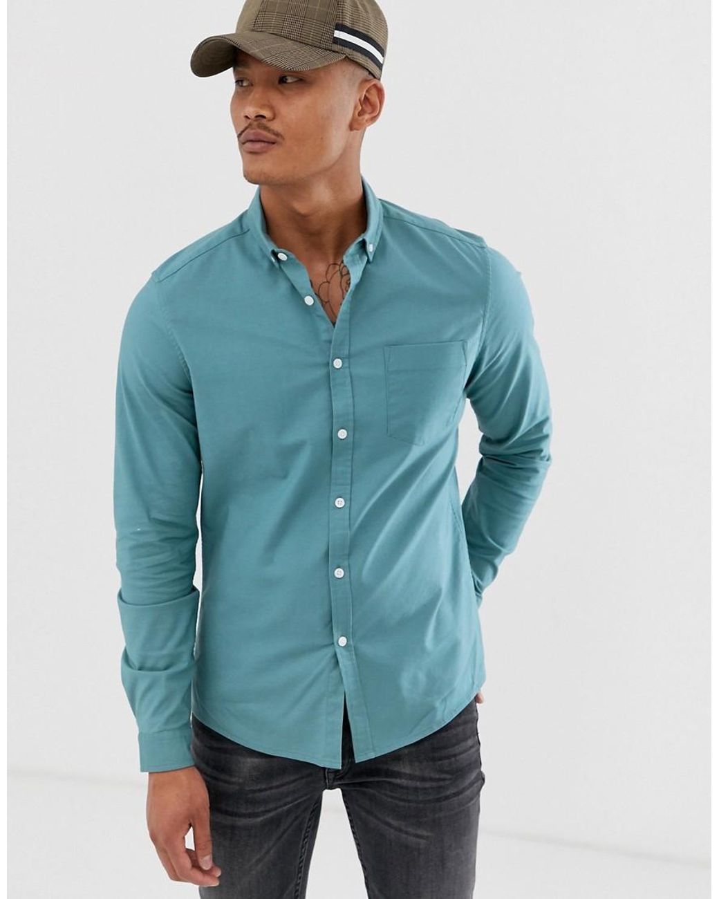 ASOS Stretch Slim Casual Oxford Shirt In Teal Green in Green for Men Lyst