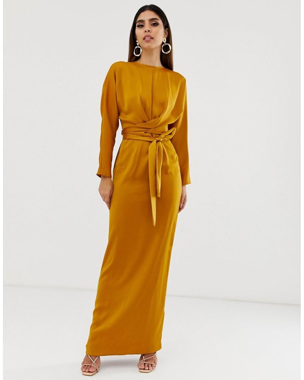 Asos Maxi Dress With Batwing Sleeve And Wrap Waist In Satin In Yellow