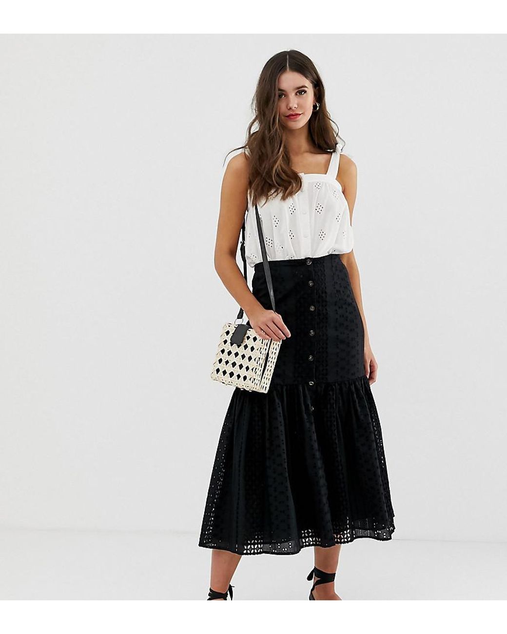 Asos Asos Design Tall Broderie Midi Skirt With Dropped Waist In White 