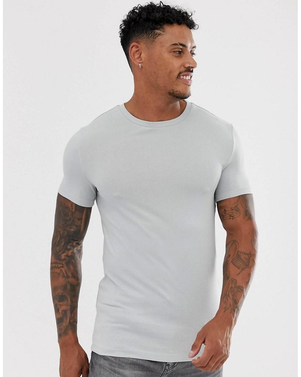 ASOS Organic Muscle Fit With Stretch T-shirt With Crew Neck In Gray in ...