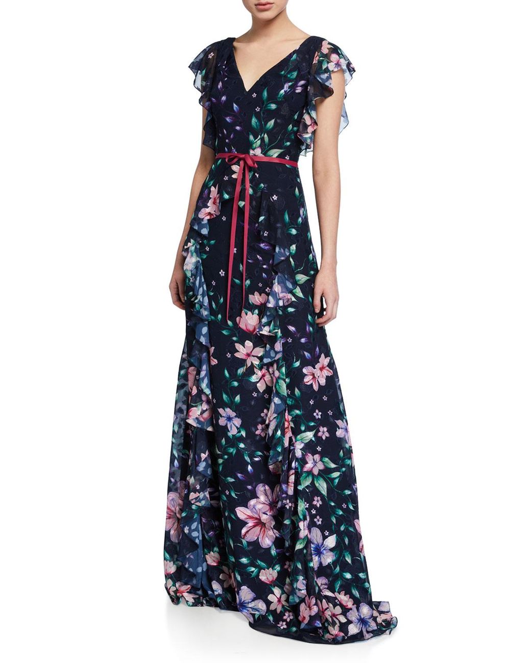 marchesa notte printed chiffon gown