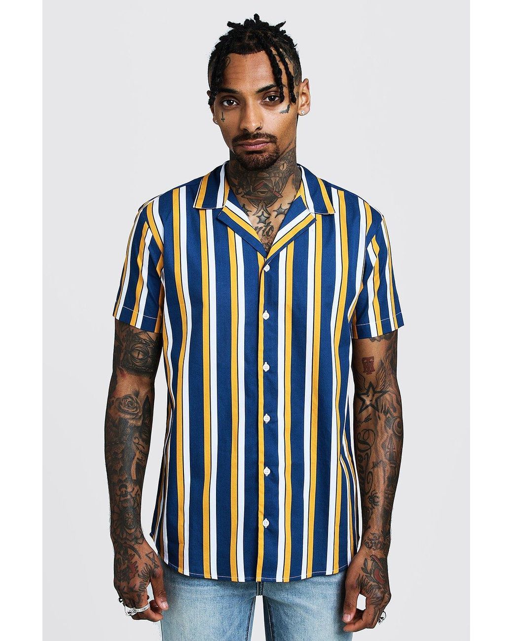 BoohooMAN Vertical Stripe Short Sleeve Revere Shirt in Blue for Men - Lyst
