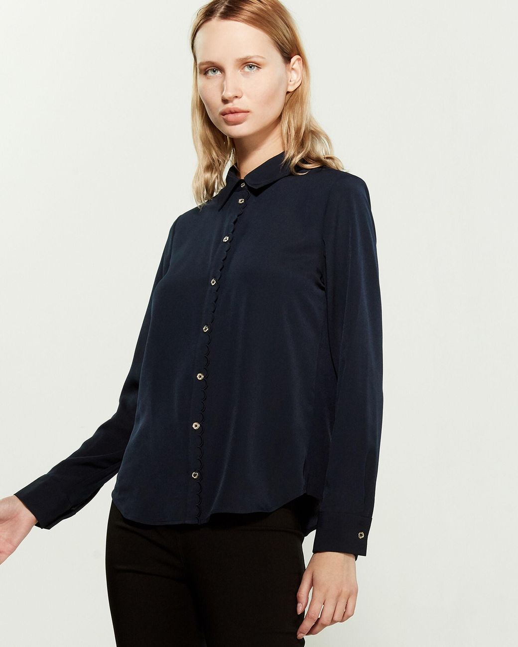 Tommy Hilfiger Synthetic Scallop Long Sleeve Blouse in Navy (Blue) - Lyst