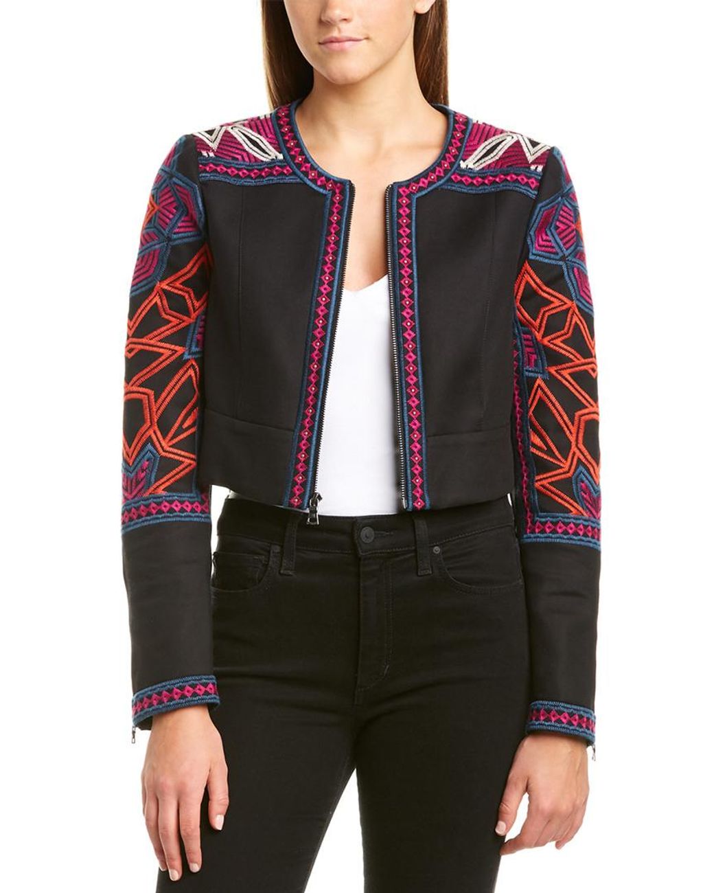 BCBGMAXAZRIA Cotton Embroidered Crop Jacket in Black Lyst