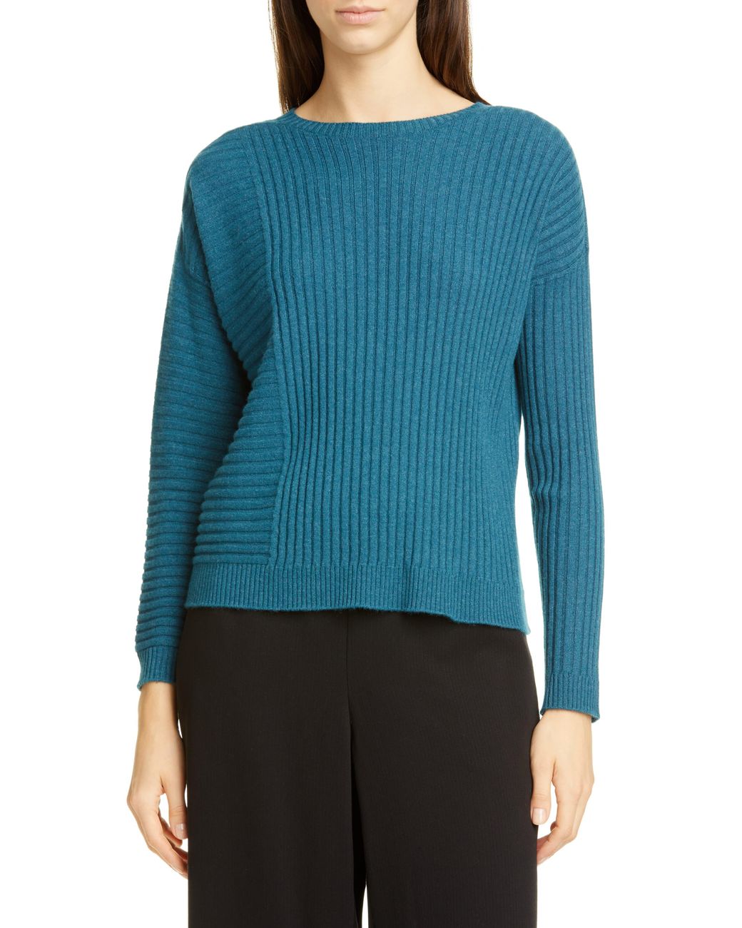 Eileen Fisher Bateau Neck Ribbed Cashmere Sweater in Blue - Lyst
