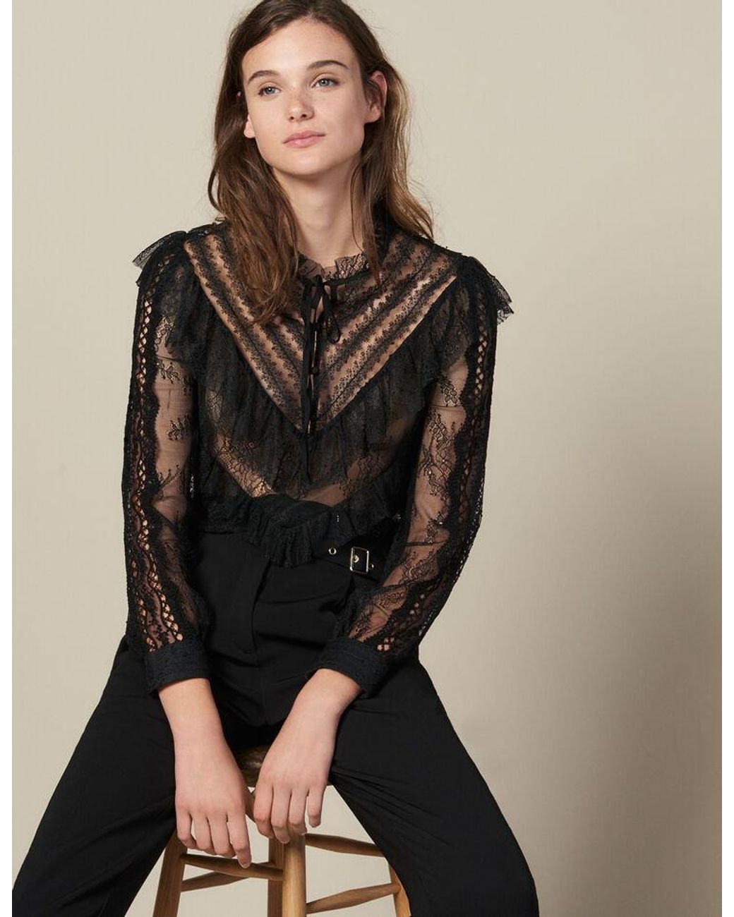 Sandro Lace Top With Ruffles in Black - Lyst