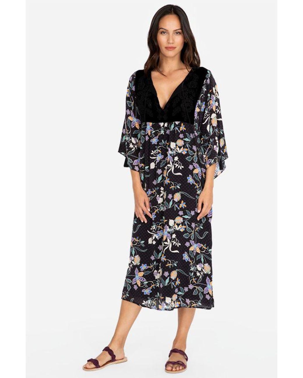 Johnny Was Silk Remi Yoke Midi Dress in Black - Lyst