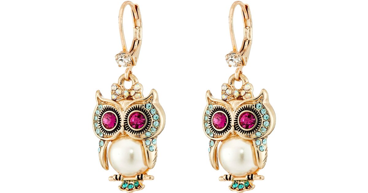 Lyst Betsey Johnson Pearl Critters Owl Drop Earrings In White
