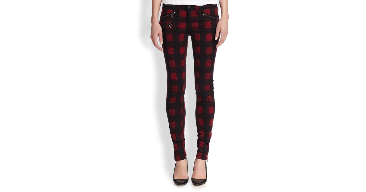 red plaid skinny jeans