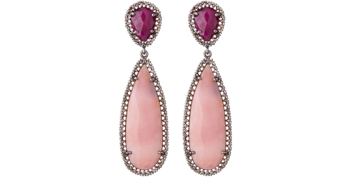 Lyst Bavna Pink Opal Ruby Teardrop Earrings In