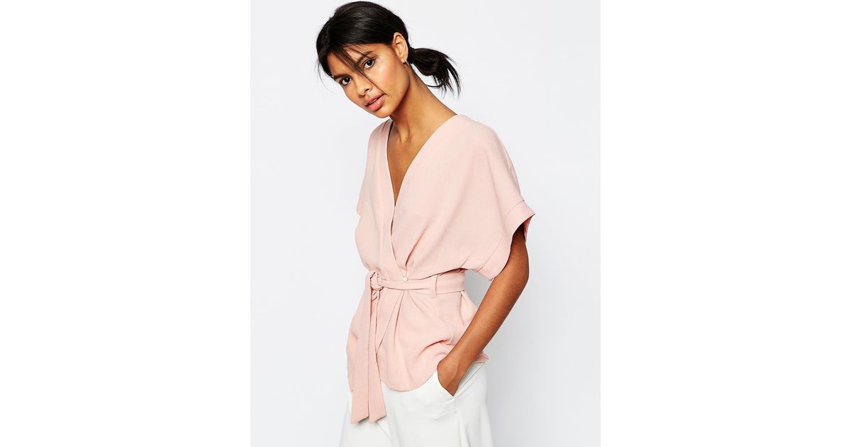 asos obi band wrap blouse in beige dustypink lyst asos obi band wrap blouse in beige dustypink lyst