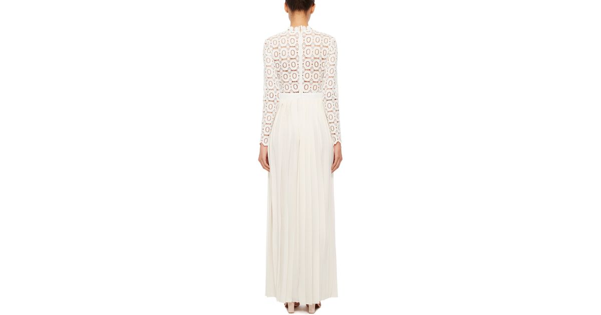 Selfportrait Pleated Crochet Maxi Dress With Floral Bodice in White Lyst
