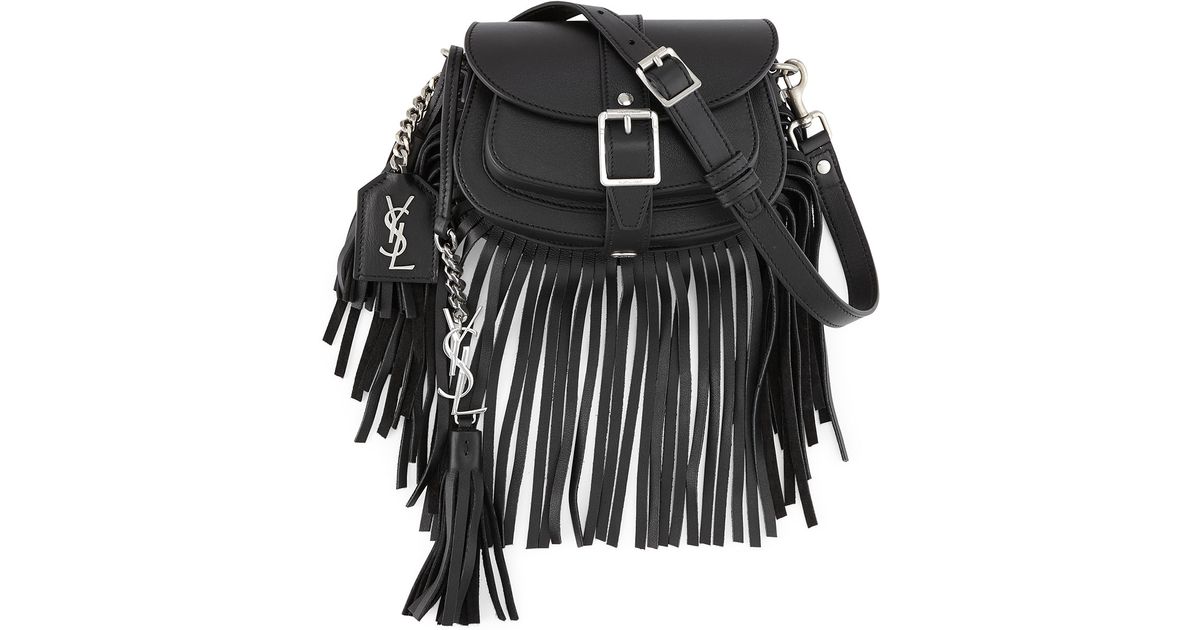 Saint laurent Mini Curved Fringe Saddle Bag in Black | Lyst  