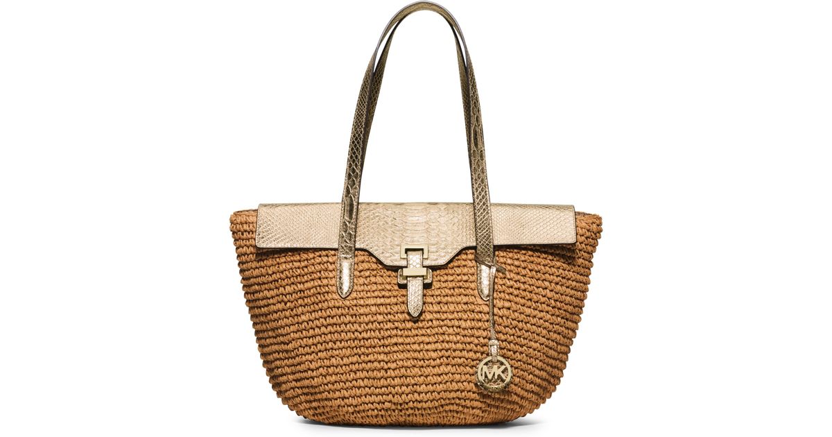 Lyst Michael Kors Naomi Large Woven Straw Tote In Metallic