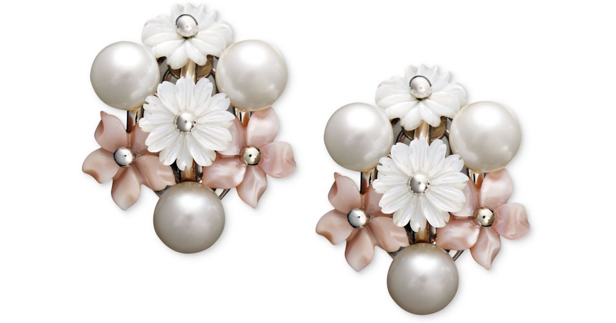 Lyst Macy S Pearl Earrings Sterling Silver Cultured Freshwater Lyst Macy S Pearl Earrings Sterling Silver Cultured Freshwater Mother Of And Flower In White