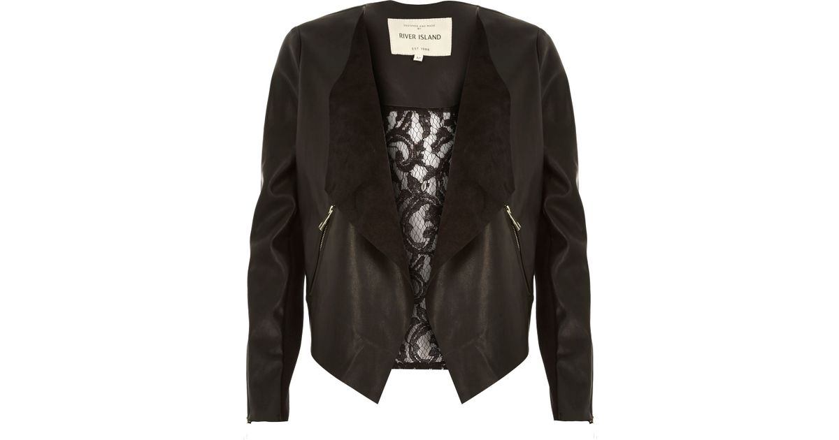 River Island Black Leather Look Lace Back Waterfall Jacket In River Island Black Leather Look Lace Back Waterfall Jacket In Lyst