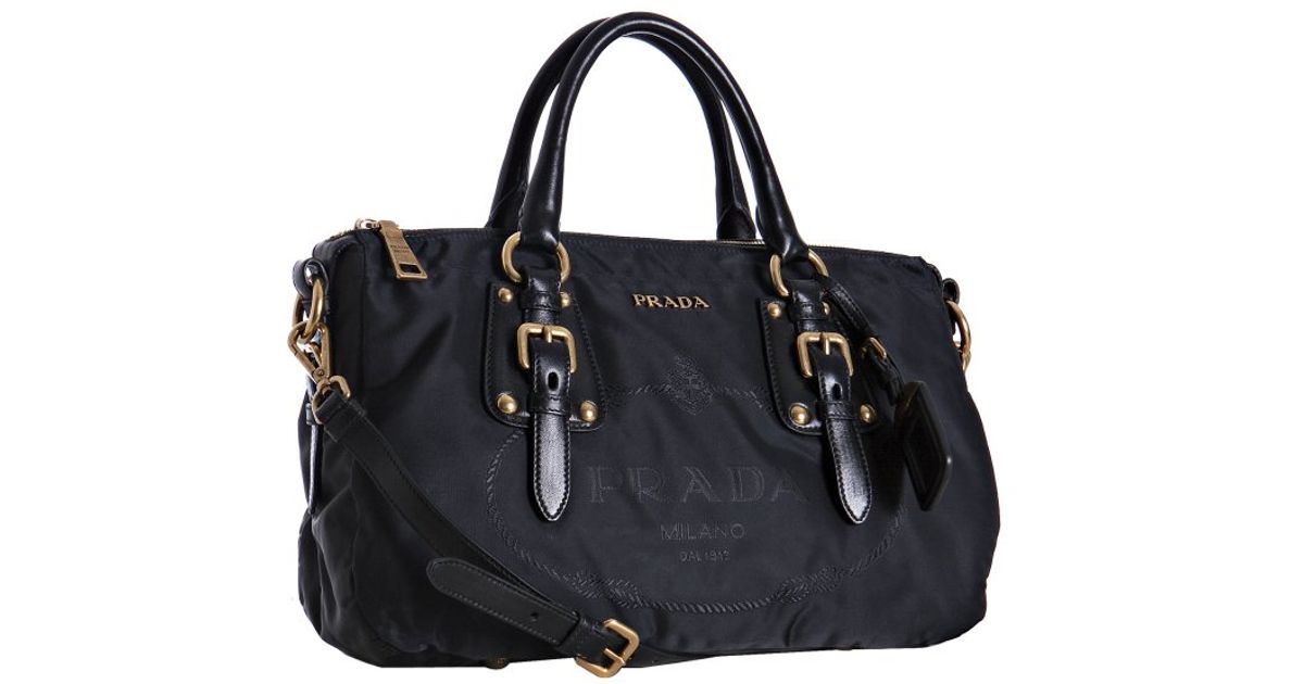 Prada Black Nylon Jacquard Logo Leather Detail Bag in Black | Lyst  