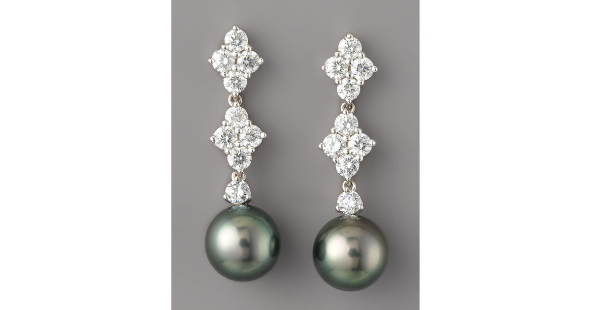 Lyst Mikimoto Diamond Black Pearl Drop Earrings In Metallic