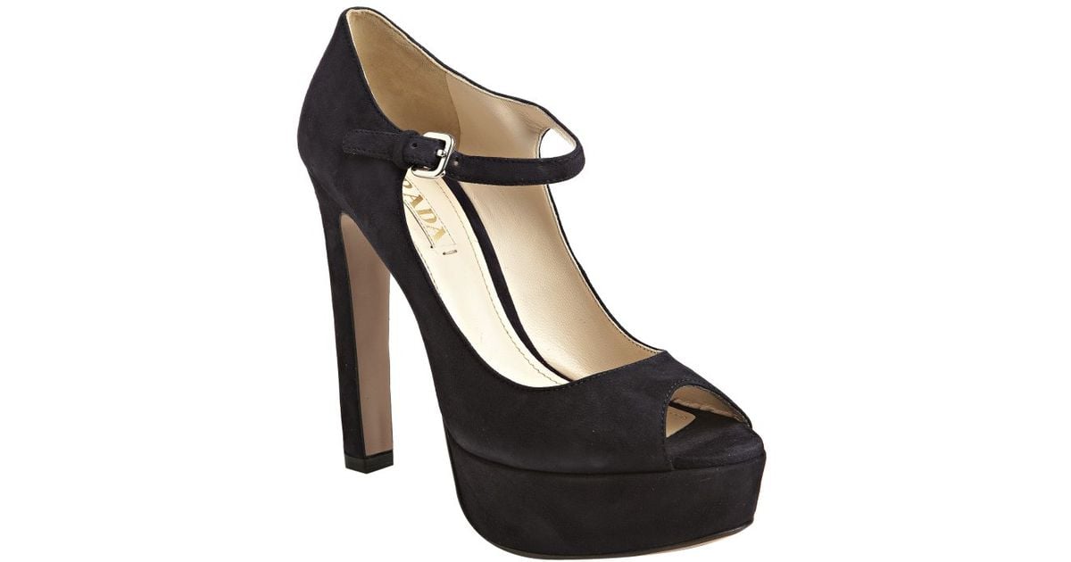 Lyst - Prada Dark Navy Suede Peep Toe Mary Jane Platform Pumps in Blue