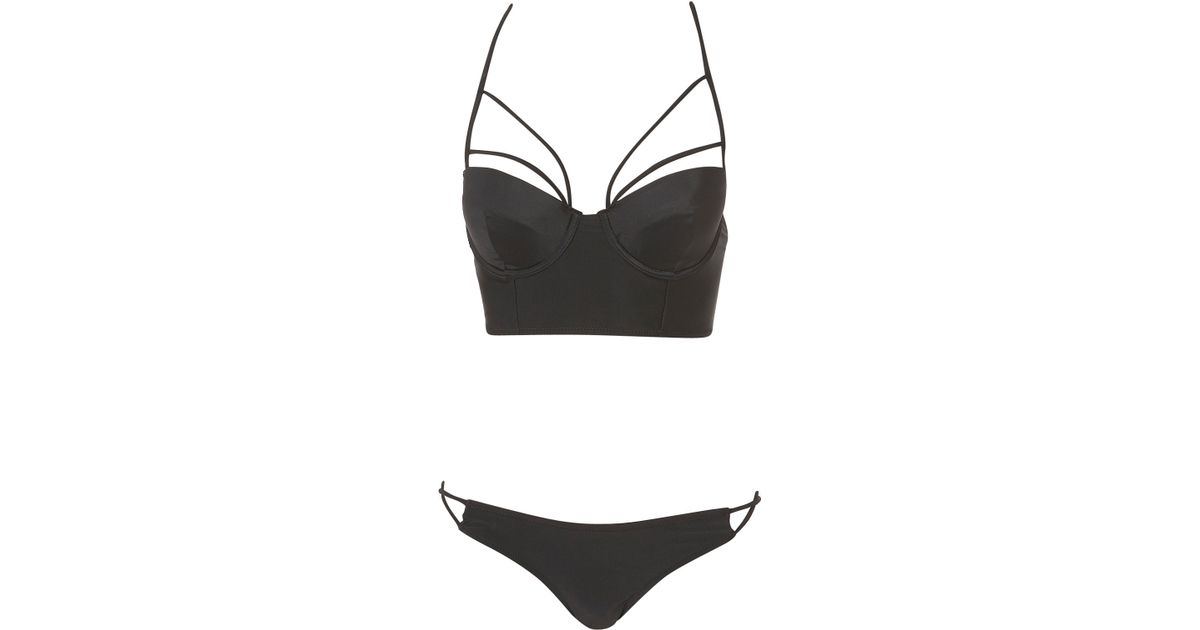 Lyst - Topshop Black Strappy Longline Bikini in Black