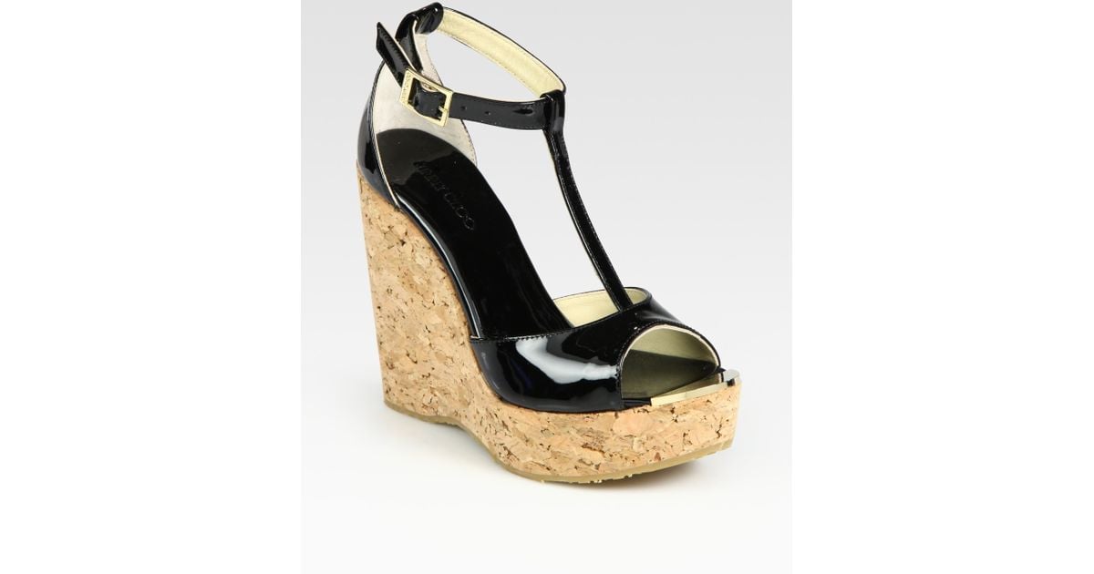 Lyst - Jimmy choo Patent Leather T-strap Wedge Sandals in Black