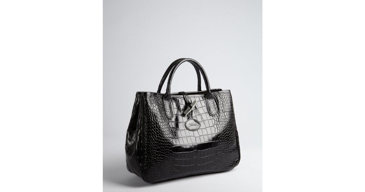 Lyst Longchamp Black Croc Embossed Leather Roseau Tote In
