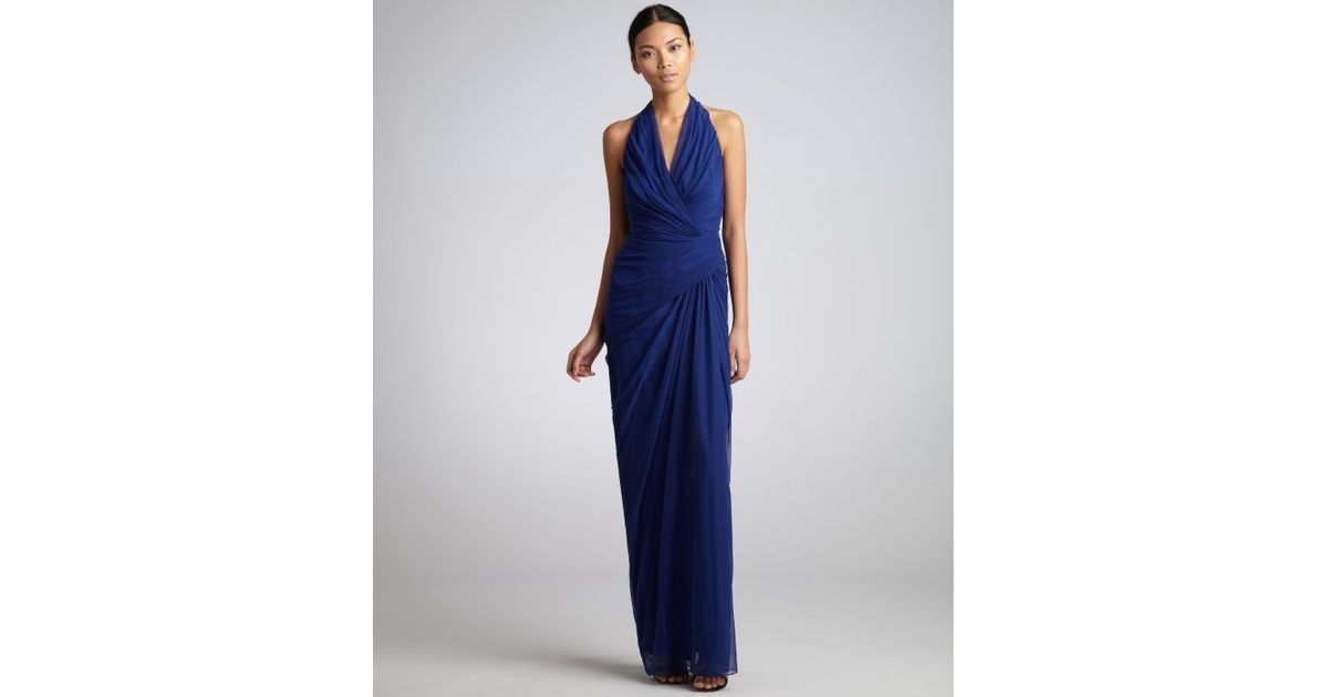 Lyst Tadashi Shoji Royal Blue Mesh Pleated Halter Gown In
