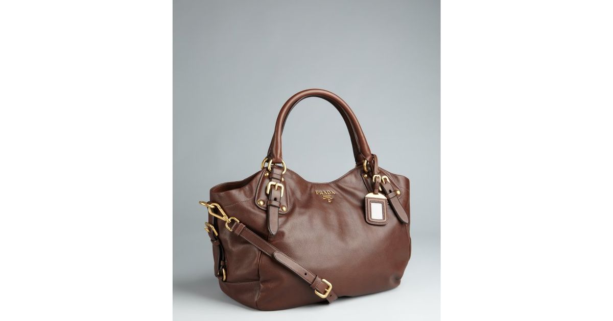 Prada Dark Brown Leather Buckle Detailed Convertible Tote in Brown ...