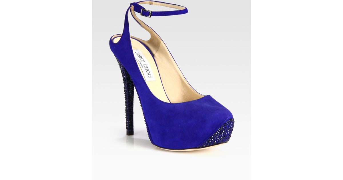 Lyst - Jimmy Choo Suede Crystalcoated Ankle Strap Platform Pumps in Blue