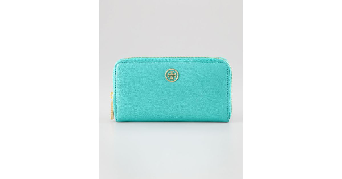 Lyst - Tory Burch Robinson Continental Zip Wallet Turquoisetory Navy in ...