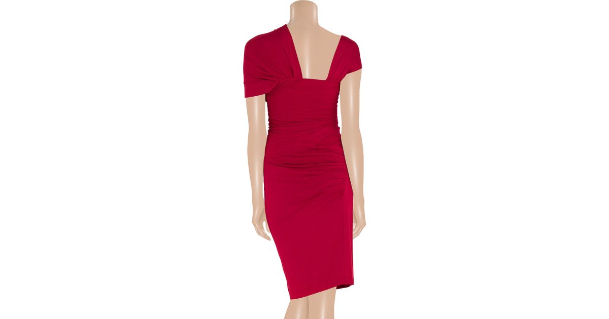 Donna karan Draped Stretch Jersey Knot Dress in Red | Lyst