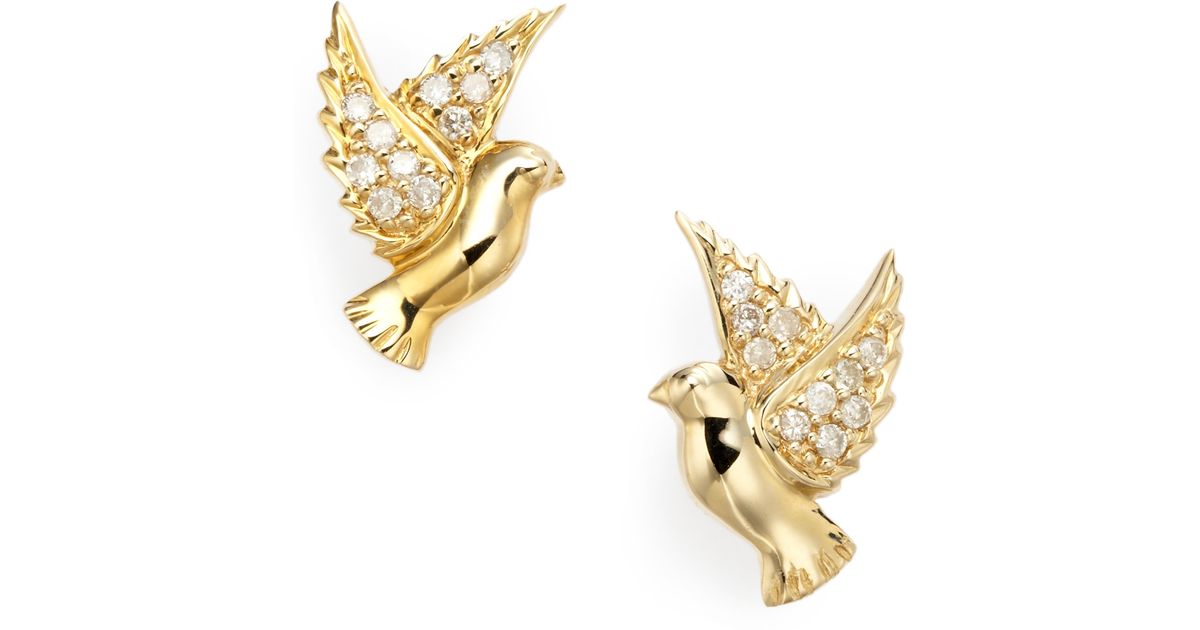 Lyst Sydney Evan Diamond 14k Yellow Gold Dove Earrings In Metallic