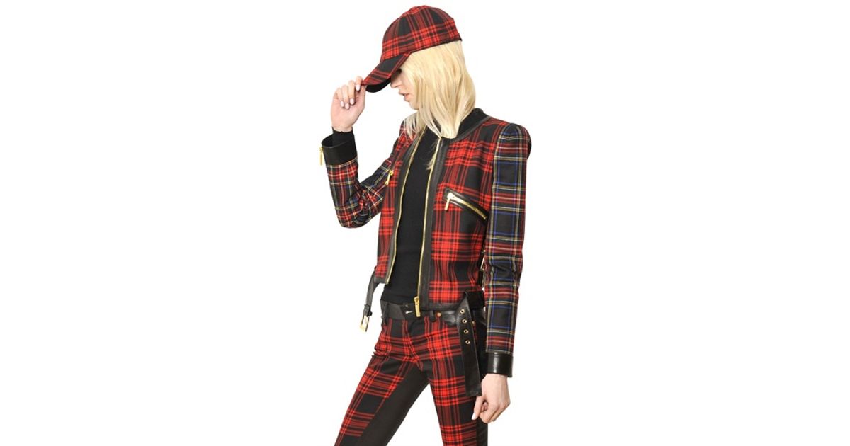Fausto Puglisi Wool Tartan Nappa Leather Jacket In Red Lyst