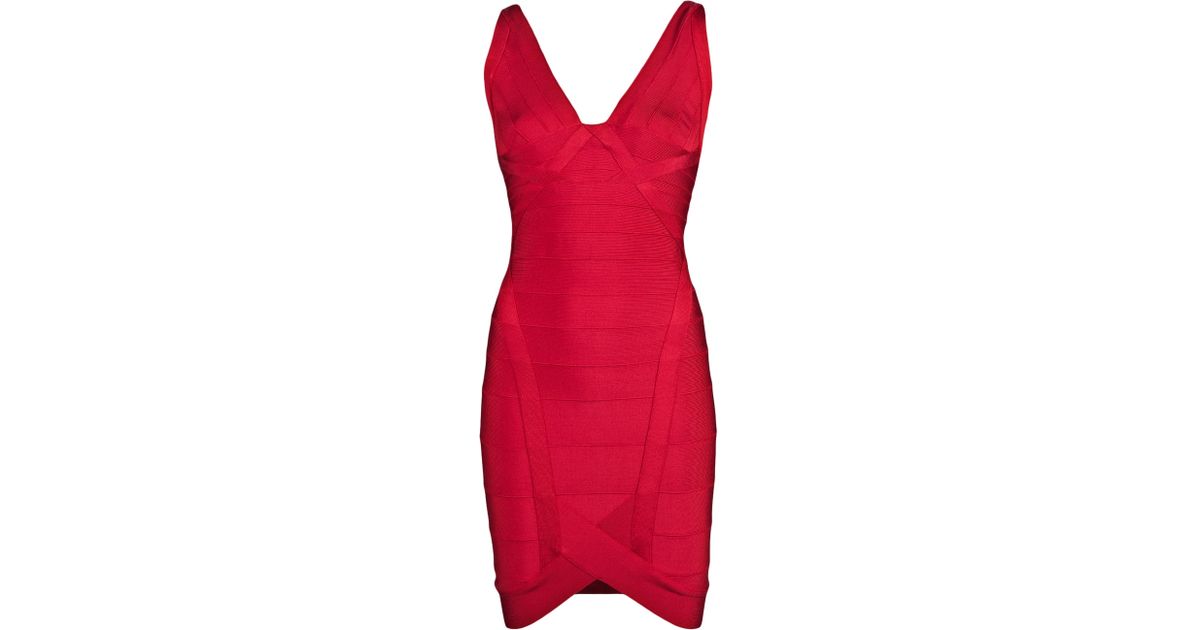 Lyst - Hervé Léger Ari Plunging Vneck Dress in Red