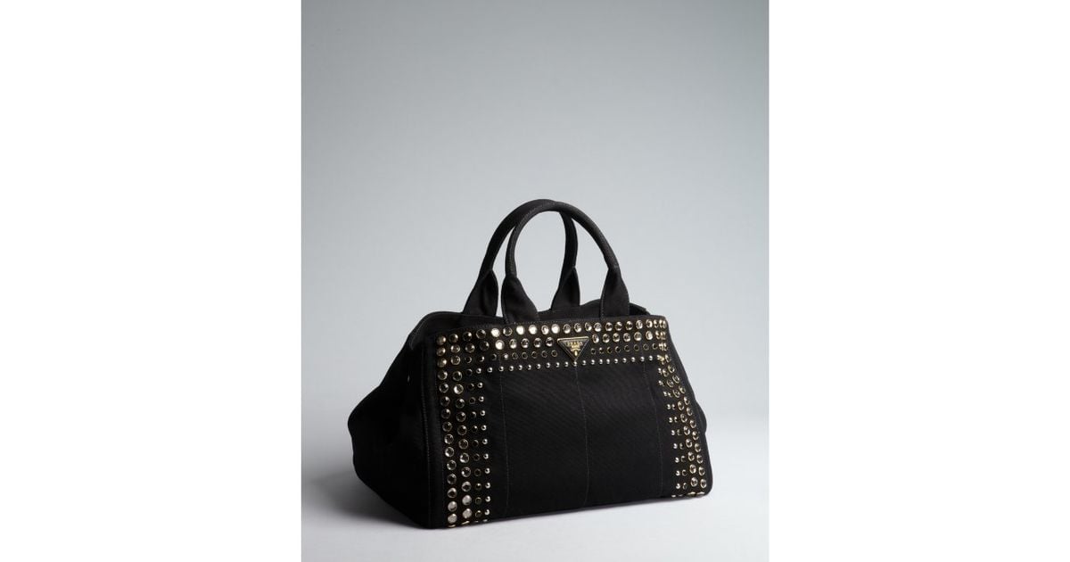 Prada Black Canvas Jeweled Trim Top Handle Bag in Black | Lyst  